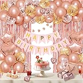 MSMANCY Rose Gold Birthday Decorations for Women, Banner, Curtains, Heart Star Balloons Decor for 16th 18th 21st 30th 40th 50th 60th Party Decorations