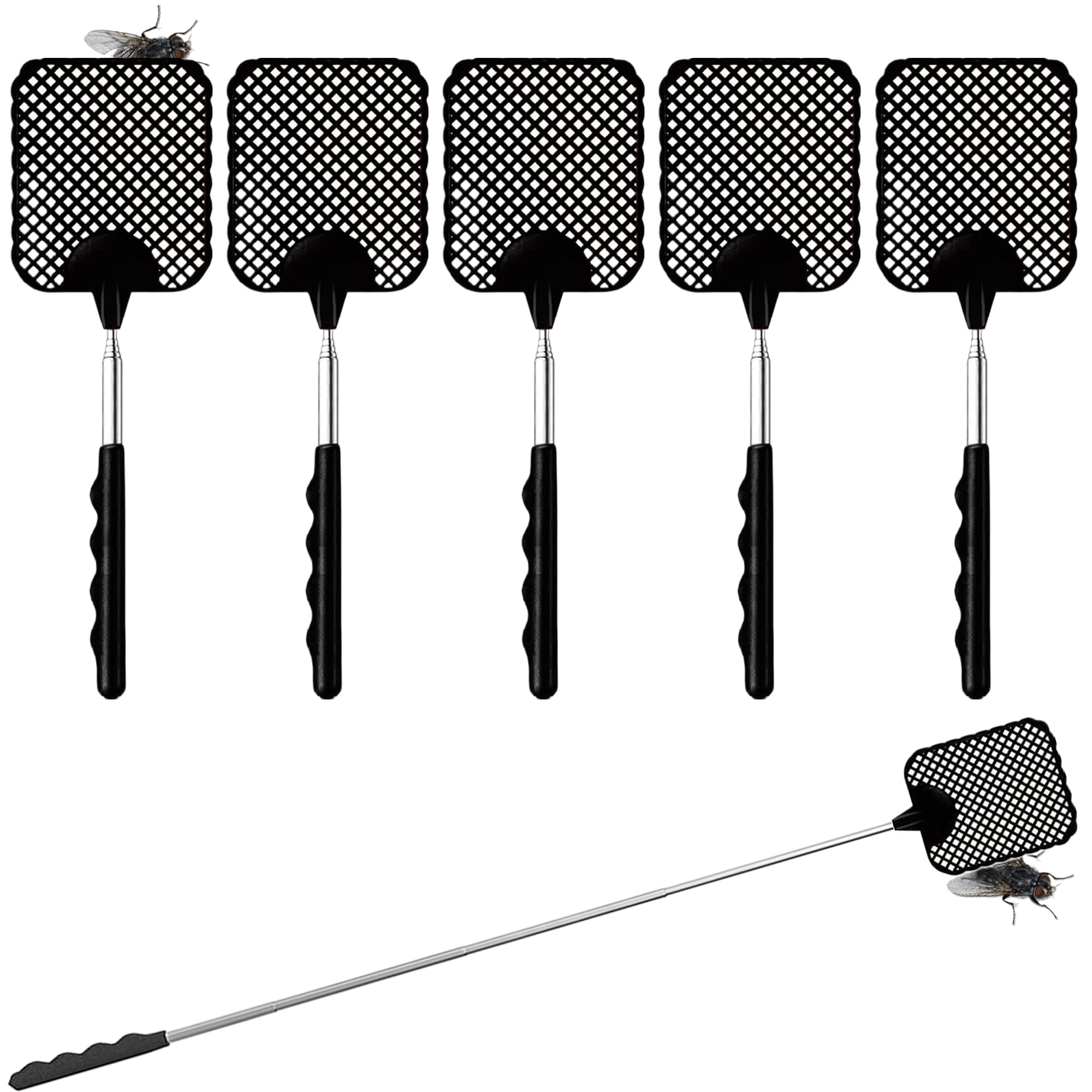 MAEXUS Pack of 5 Fly Swatters, 26-73 cm, Extendable, Telescopic Fly Swatter, Stable Fly Swatter to Repel Flies, Wasps, Mosquitoes and Insects (Black)