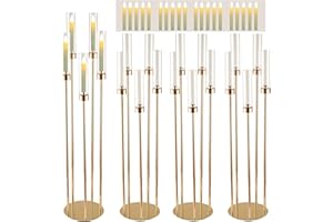 LXSEHN 4 Pcs Gold Candelabra Wedding Centerpieces, 45.3'' Tall, 5 Arm Gold Candle Holders with 20 White LED Candles, Pillar Taper Candlestick with Acrylic Lampshades for Valentine Ceremony Dinner Party