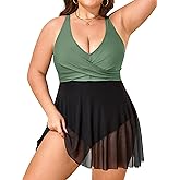SOTHEA Womens Plus Size Swimsuit One Piece Bathing Suit Tummy Control Flowy Mesh Swim Dress V Neck Modest Swimwear 2025