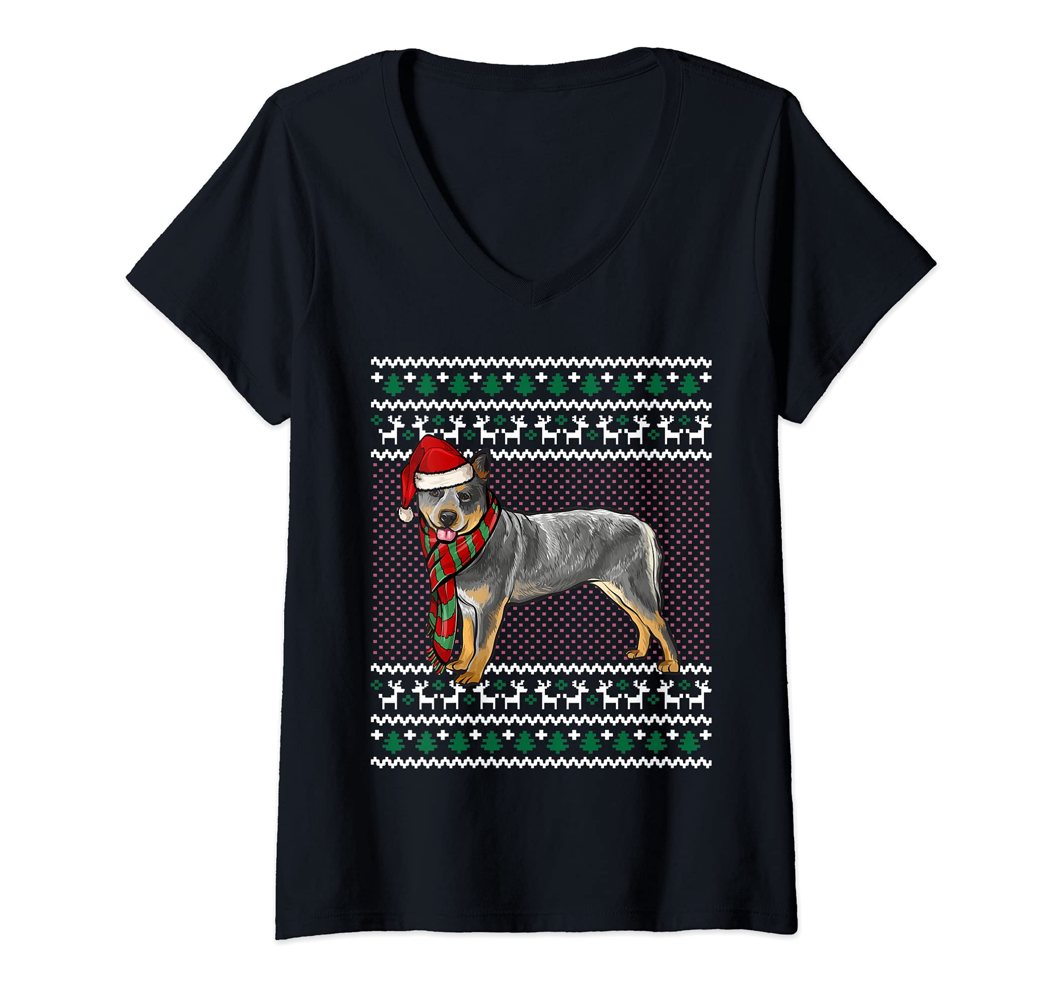 Womens Xmas Australian Cattle Dog Santa Hat Ugly Christmas V-Neck T-Shirt