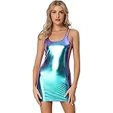 Allegra K Women's Metallic Sparkly Spaghetti Strap Disco Party Cocktail Holographic Bodycon Mini Dress