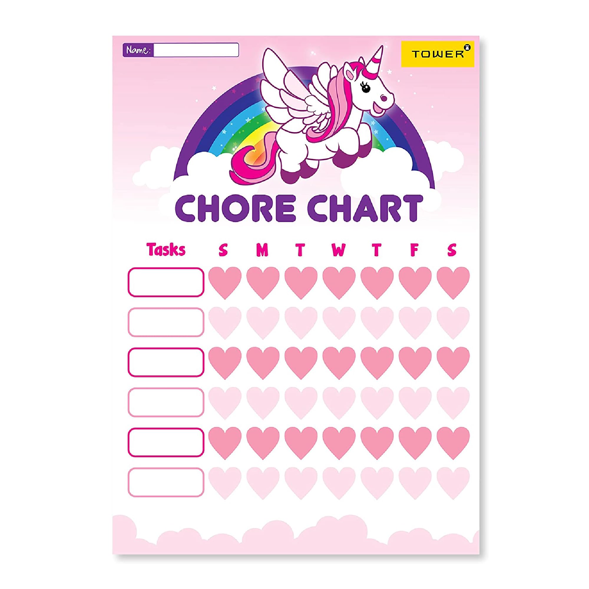 Tower Unicorn Themed Reward Charts for Children - Pack of 5 with Heart-Shaped Stickers | Motivate Good Behaviour, Potty Training, Homework for Kids