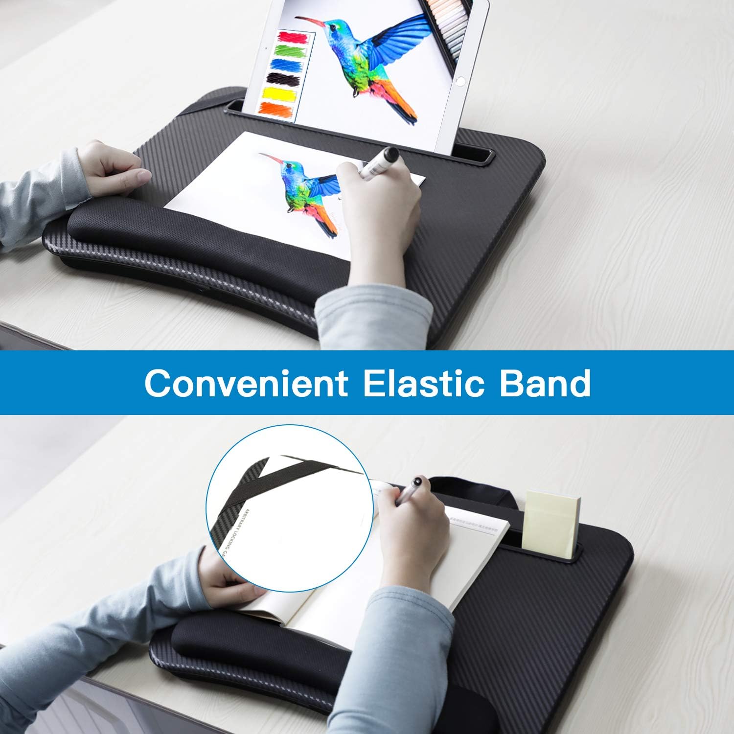 HUANUO Laptop Lap Desk - Fits up to 14 inches Laptop Stand with Phone Holder, Tablet Holder, Portable Lap Desk Built-in Soft Foam Pillow Cushion, Elastic Band，Laptop Stop Bar : Office Products