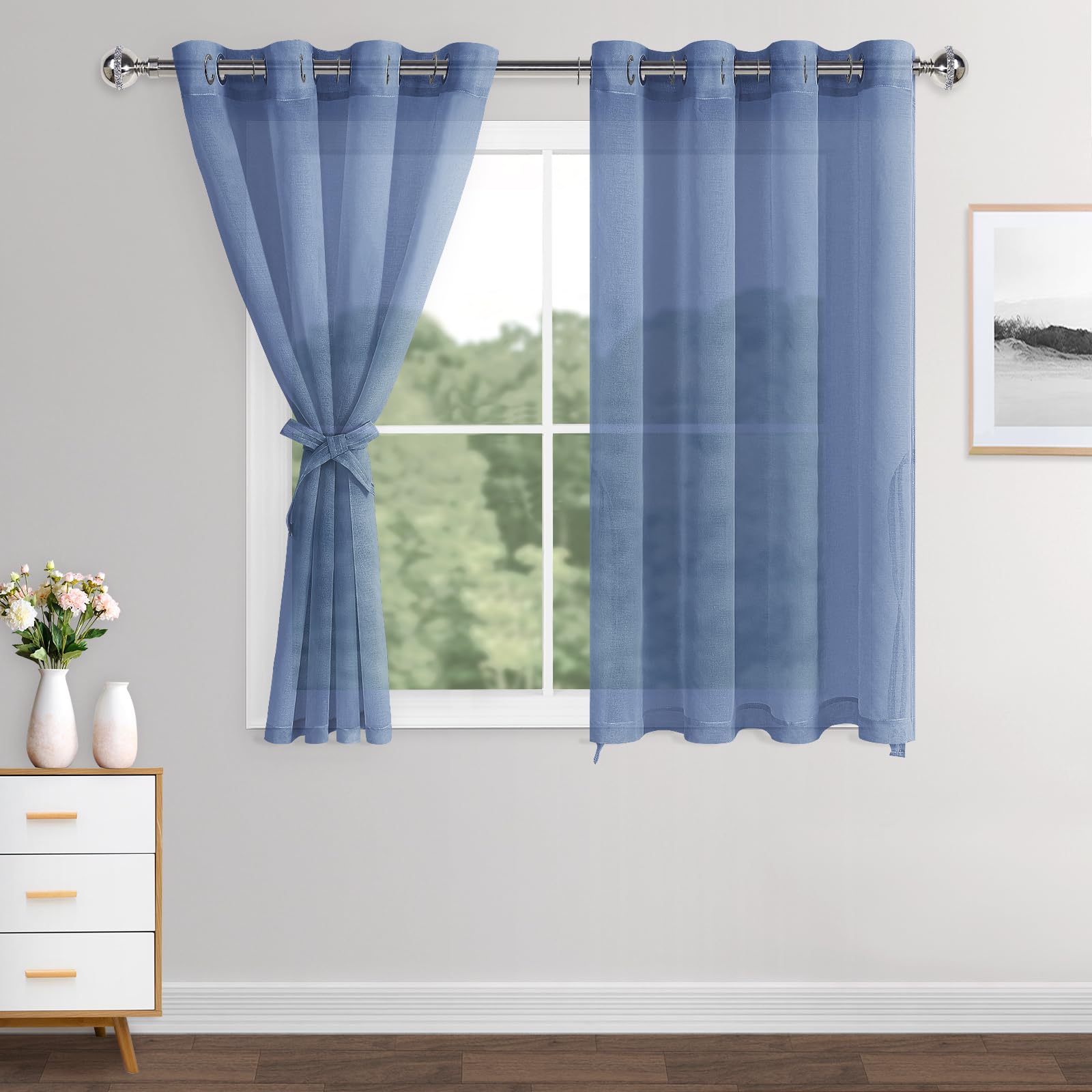 XWZO Haze Blue Sheer Curtains Semi Transparent Eyelet Top Linen Look Voile Panels/Drapes/Treatment for Bedroom Living Room,W55*L57，Set of 2