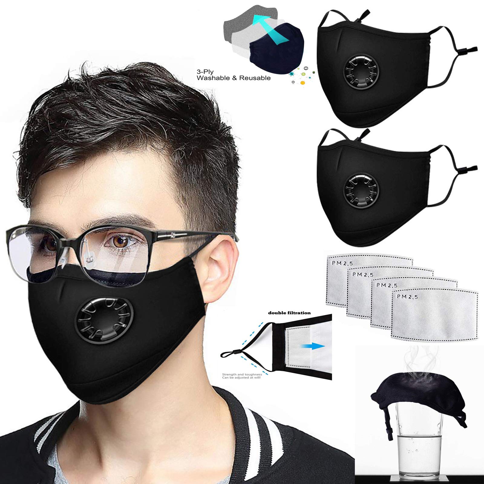 2 Pack Reusable Face Protective Shield with Breathing Valve with 4 Carbon Filters with Nose Wire,Washable Breathable Black Adjustable Protective Face Cotton Filters for Adults Outdoor Party Gift