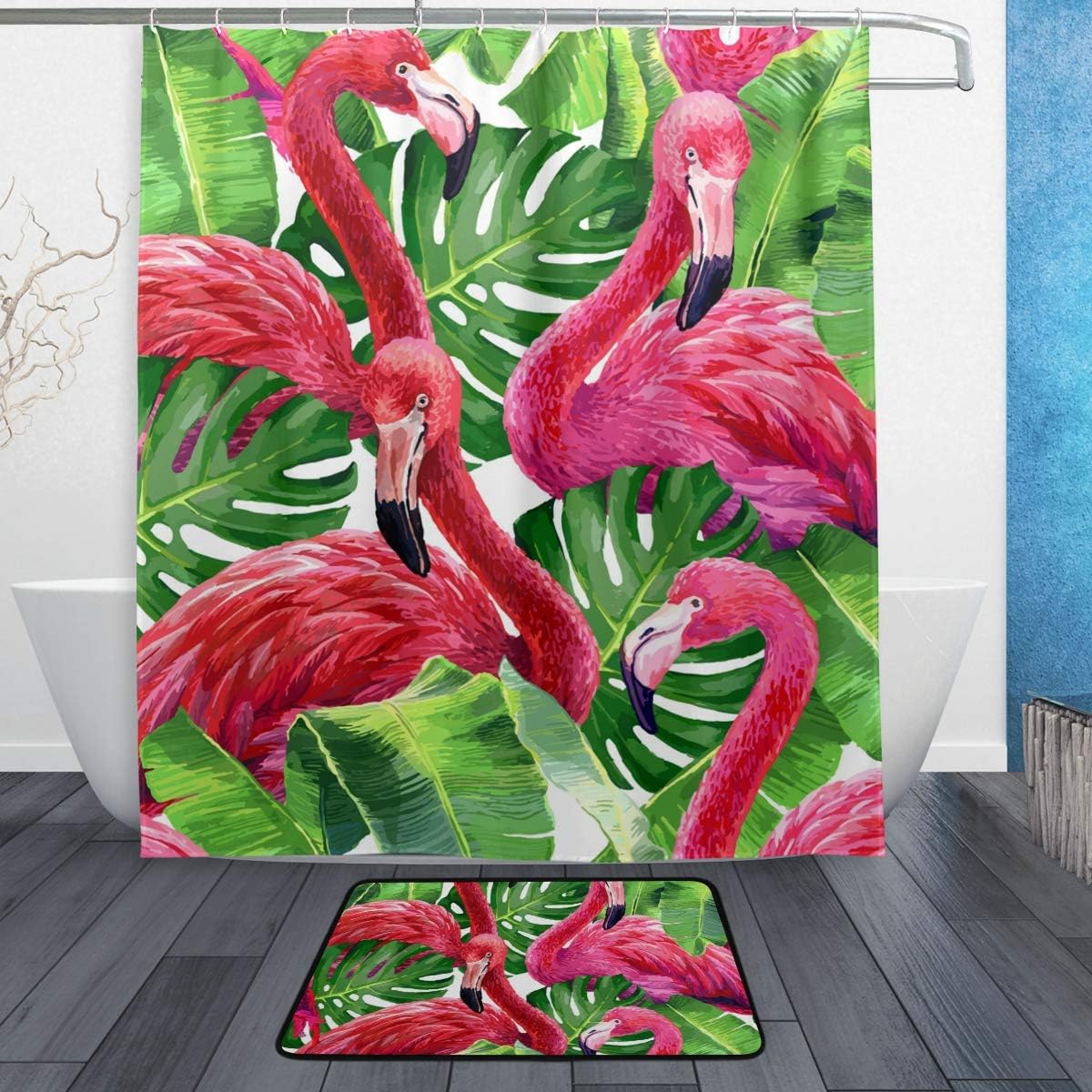 Amazon Com Lorvies Colorful Pink Flamingo Bathroom Set Polyester Fabric Shower Curtain 60x72 Inch With Bath Mats Rugs 15 7 X 23 6 Inch 12 Rings Home Kitchen