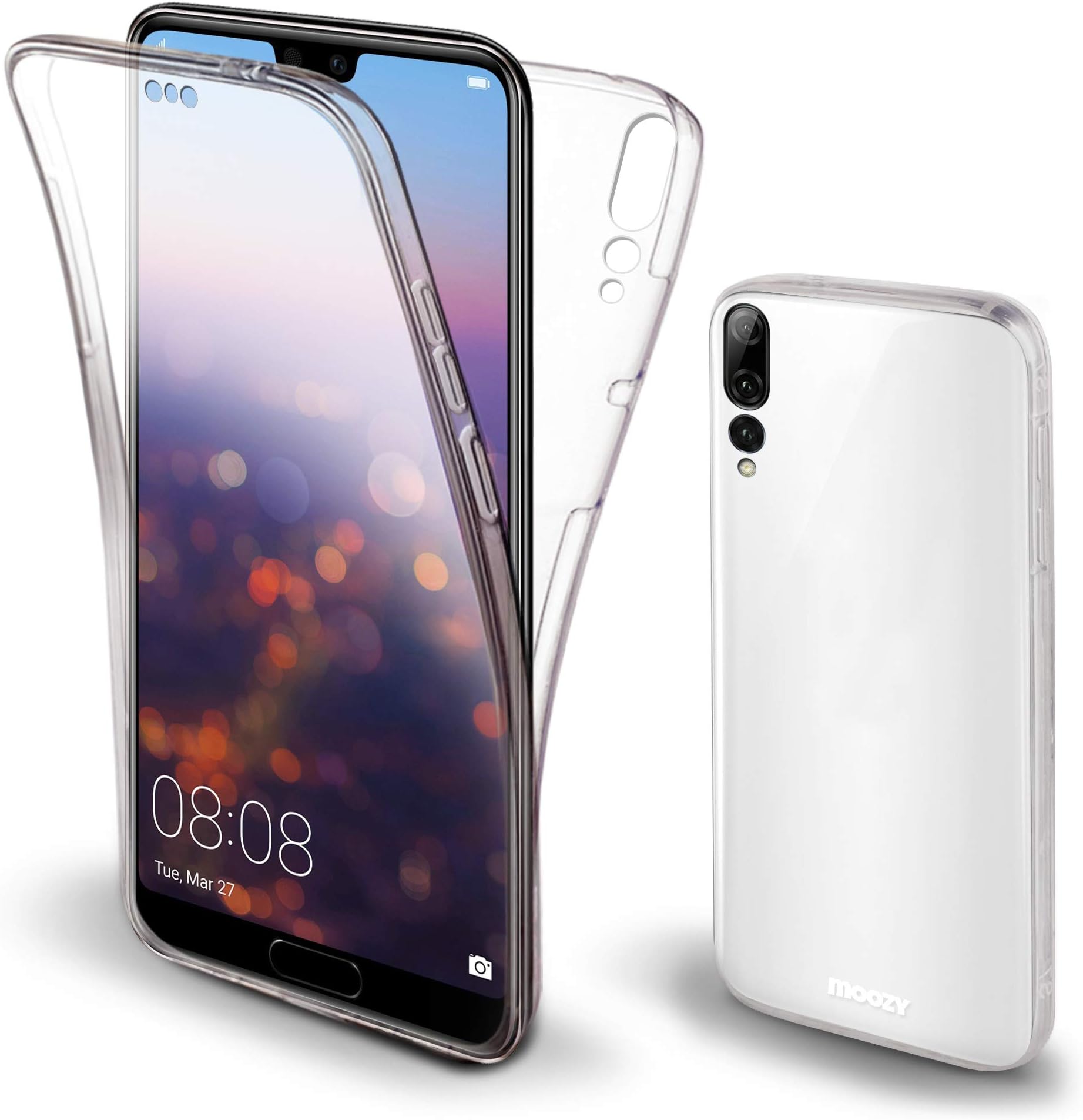 Moozy 360 Degree Case for Huawei P20 Pro - Transparent Silicone Full body Front and Back All-Around Protective Case Slim Clear Transparent TPU Silicone Gel Cover