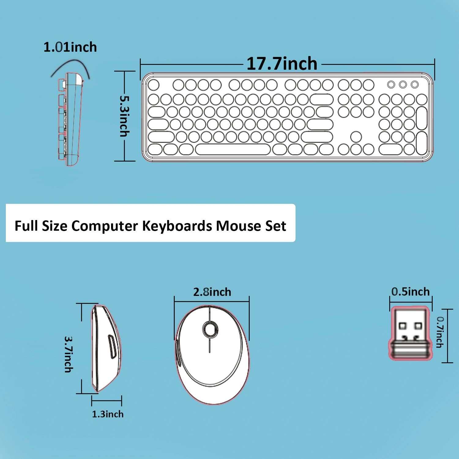 UBOTIE Colorful Computer Wireless Keyboard Mouse Combos, Typewriter Flexible Keys Office Full-Sized Keyboard, 2.4GHz Dropout-Free Connection and Optical Mouse (Blue-White): Computers & Accessories