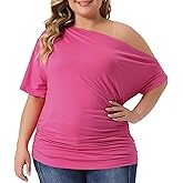 Agnes Orinda Plus Size Tops for Women One Shoulder Short Sleeve Ruched Basic Blouses Summer Tee Tops