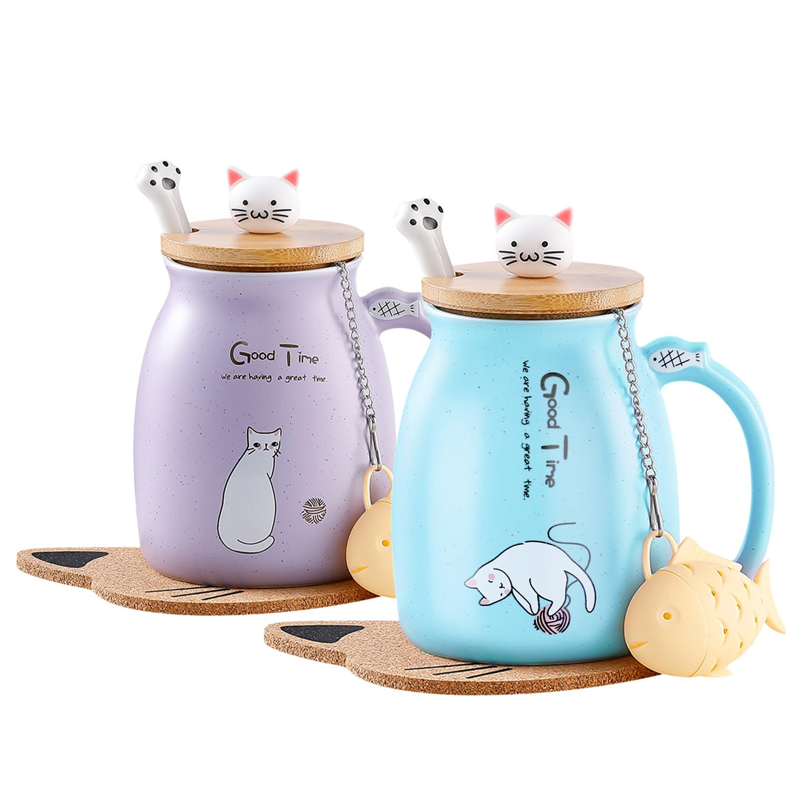 MengCat Cat Mug Cute Ceramic Coffee Cup with Lovely Kitty lid Stainless Steel Spoon,Novelty Morning Cup Tea Milk Christmas Mug Gift 380ML (Blue & Purple)
