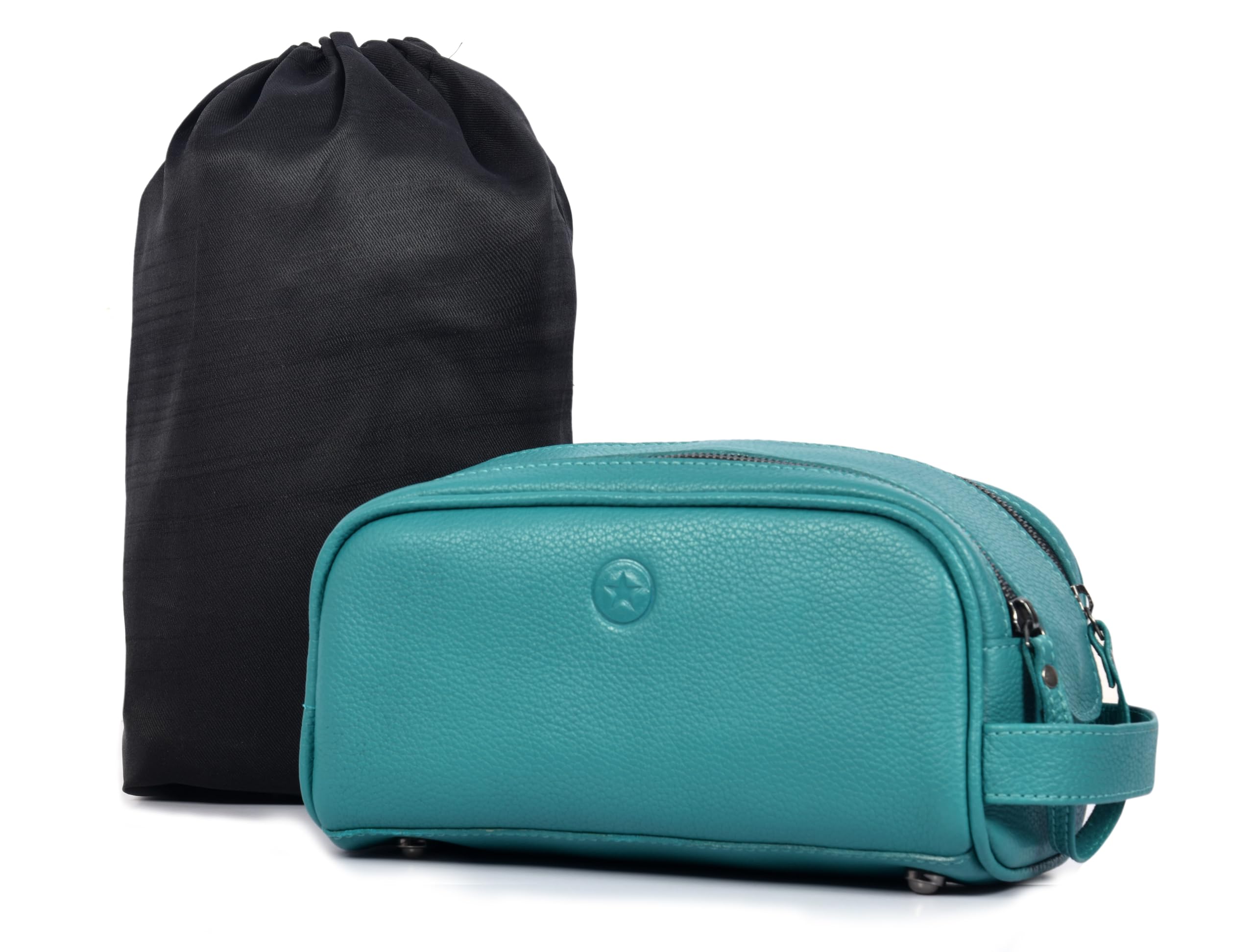 10" Premium Leather Toiletry Travel Pouch With Waterproof Lining | King-Size Handcrafted Vintage Dopp kit By Aaron Leather Goods (Steel Blue) Image