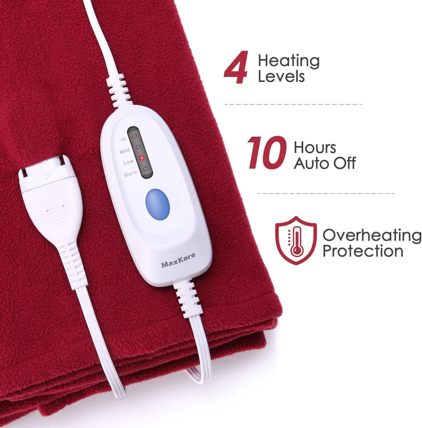 Electric Heated Blanket Twin Size 62'' x 84'' Super Cozy Soft Fleece Fast Heating & ETL Certification with 10 Hours Auto-Off & 4 Heating Levels - Red Wine: Kitchen & Dining
