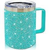 XMYAINA 12oz Bling Travel Coffee Mug with Handle and Lid Rhinestone Insulated Coffee Mug Stainless Steel Vacuum Reusable Glitter Coffee Tumbler Thermal Cup for Home and Office (Sea Glass)