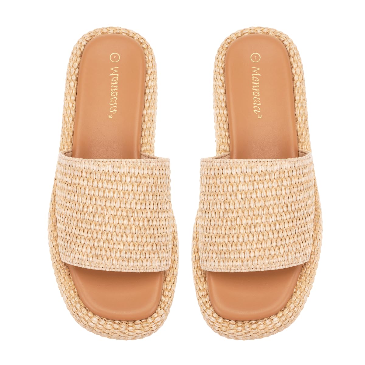 Monrovia Platform Sandals Women Raffia Wicker Espadrilles, Slip On Low Wedge Slides, Summer Straw Vacation Shoes, Comfortable Rattan Platform Flats Beach Sandals Pool Daily Wear