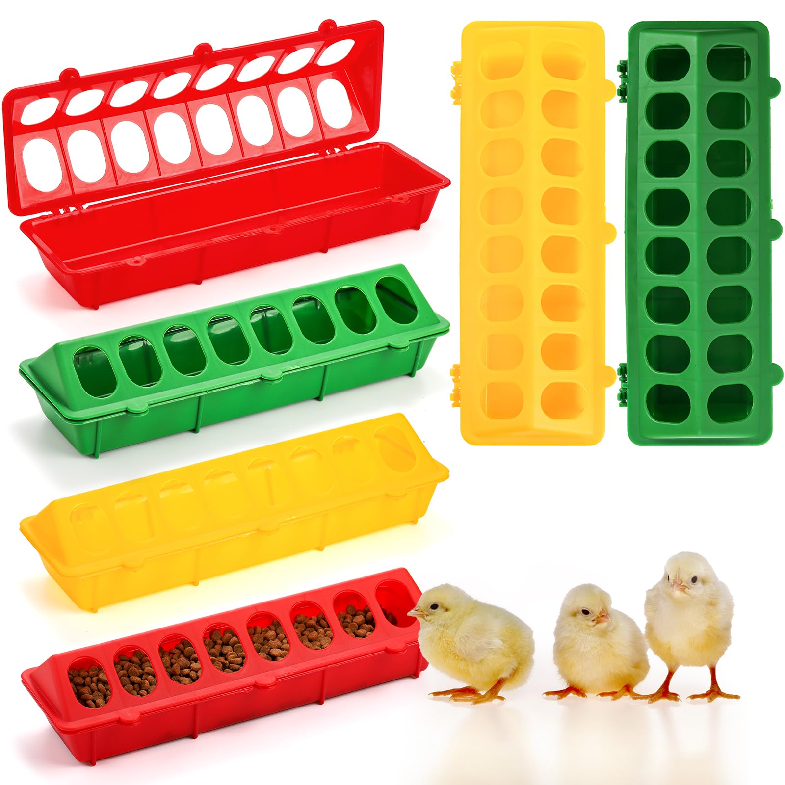 Photo 1 of Coloch 6 Pack Flip Top Poultry Feeder, Plastic Chicken Feeder Trough Multi-Hole Poultry Feeding Tray No Mess No Waste Chick Feeding Dispenser for Pigeon, Quails, Duckling Birds, Duck, Chicken
