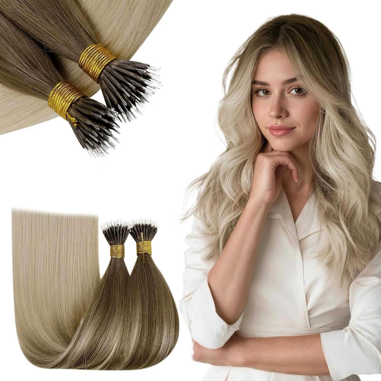 RUNATURE Nano Hair Extensions Real Human Hair Blonde Balayage Nano Beads Hair Extensions Blonde Ombre Invisible Ring Straight Remy Hair 12 Inch #BA8/60 — image 1