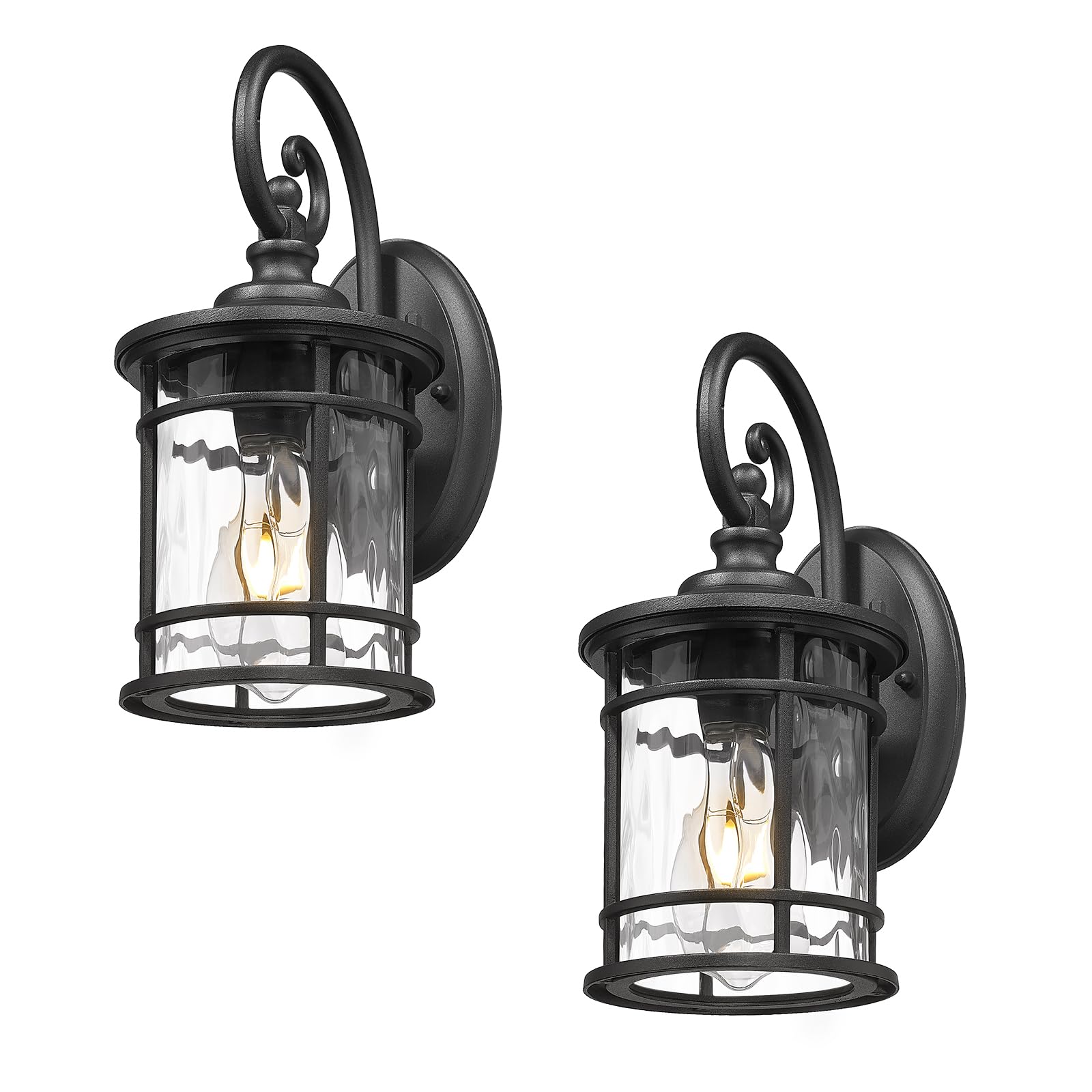 Photo 1 of Emliviar Outdoor Wall Sconces 2 Pack, 12.4 Inch Outdoor Front Porch Lights with Water Ripple Glass in Black Finish, XE229BWG-S-2PK BK