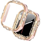 Falandi Compatible with Apple Watch Case Series 10/9/8/7/6/5/4 /SE Rhinestones with Built-in Glass Screen Protector 46/42 / 40/44 / 41/ 45mm Diamond iWatch Cover for Women Girl (Pink-RG, 44mm)