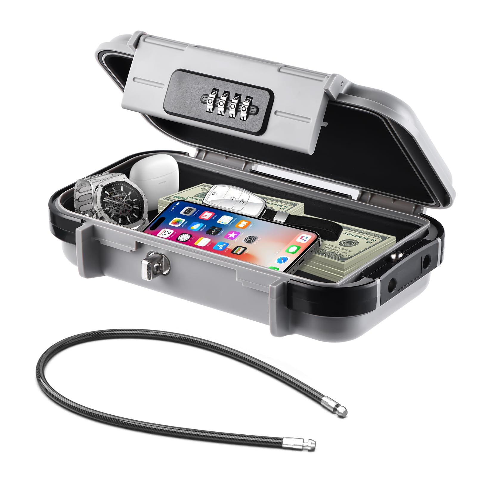 Hurinan Portable Safe Box with Code, [Waterproof & Anti-Theft]Travel Safe, Combination Security Case Lock Box with Removable Wire Rope, for Beach, Cars, Office, Vacation (Grey)