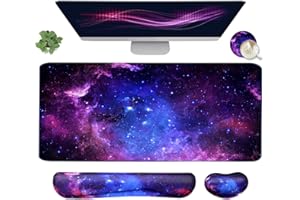 YUNOBLE Large Mouse Pad and Keyboard Wrist Rest, Desk Pad for Keyboard and Mouse, 4-in-1 Large Gaming Mouse Pad with Wrist Support, Desk Mat for Home Office Study Game-Galaxy Fluid