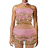 Baisdan Belly Dance Hip Scarf 2 Piece, Belly Dance Skirt Set, Dancing Coin Skirts for Women, Halloween Costume, 2Pack, Pink