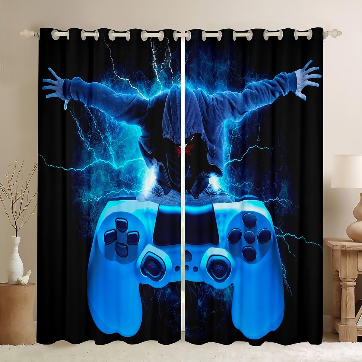 Boys Modern Gamer Window Drapes Blue Gamepad Curtain for Kids Girls Children Game Controller Window Treatments Stain Resistant Games Console Lightning Room Decor W46*L54