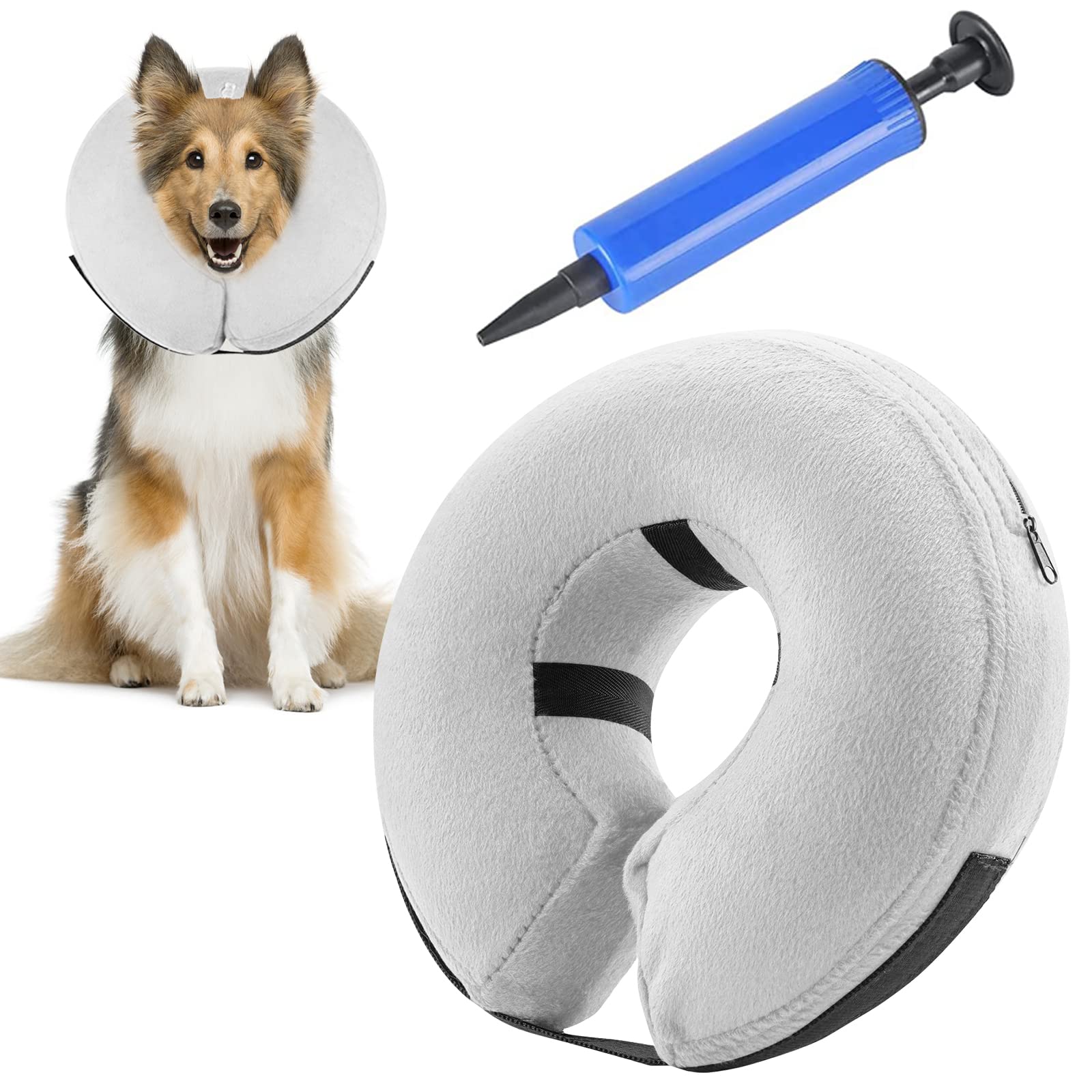 AKOFIC Inflatable Collar for Dogs and Cats - Comfy Protective Cone Pet Recovery Collar, Soft Adjustable for Surgery or Wounds (Large, Grey)