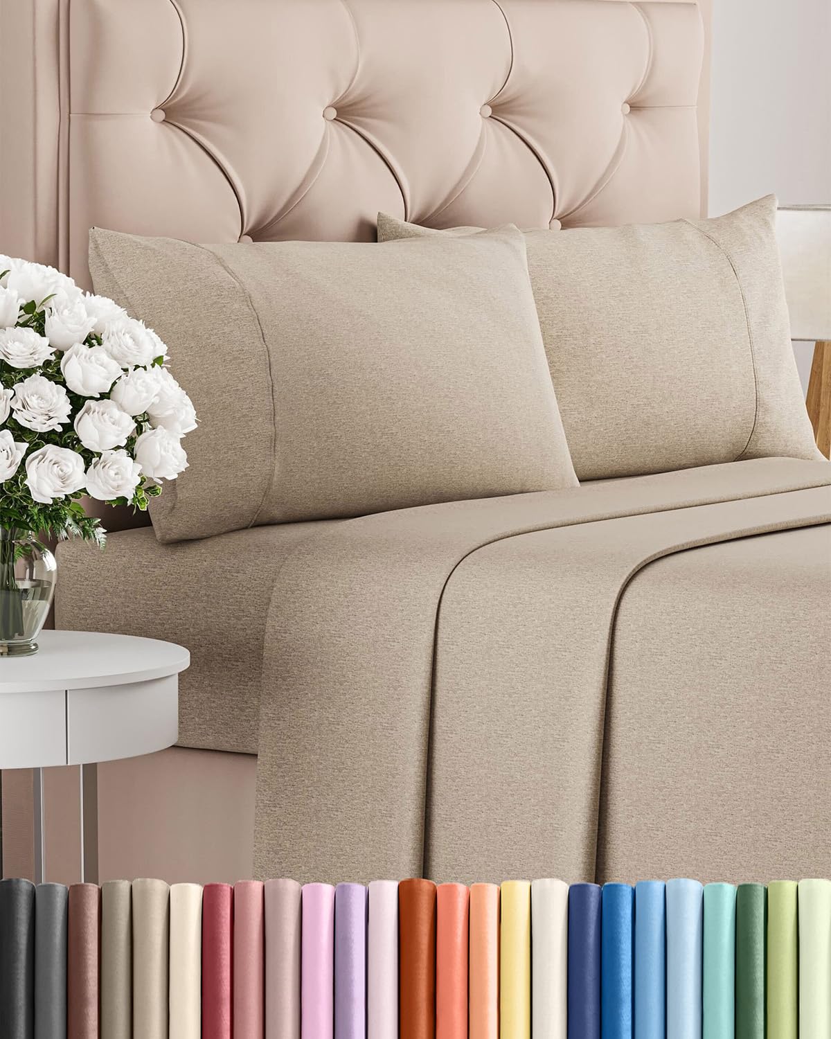 Photo 1 of Queen Size 4 Piece Sheet Set - Comfy Breathable & Cooling Bed Sheets Set - Hotel Luxury Bedding for Women, Men, Kids, Teens, Boys & Girls - Deep Pockets, Soft & Wrinkle Free - Beige (Heathered Sheets)