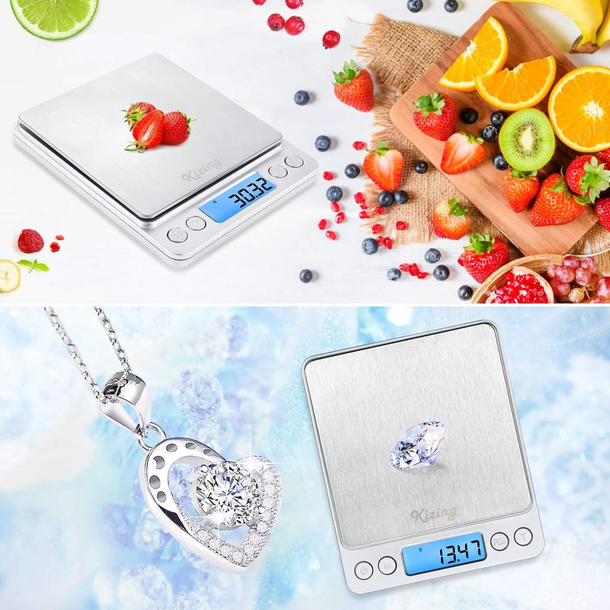 Kizing Digital Kitchen Scale, 500g/0.01g Small Pocket Jewelry Scale, Cooking Food Scale with Backlit LCD Display, Food Scales Digital Weight Gram and Oz, Stainless Steel, Battery Included, Silver: Kitchen & Dining