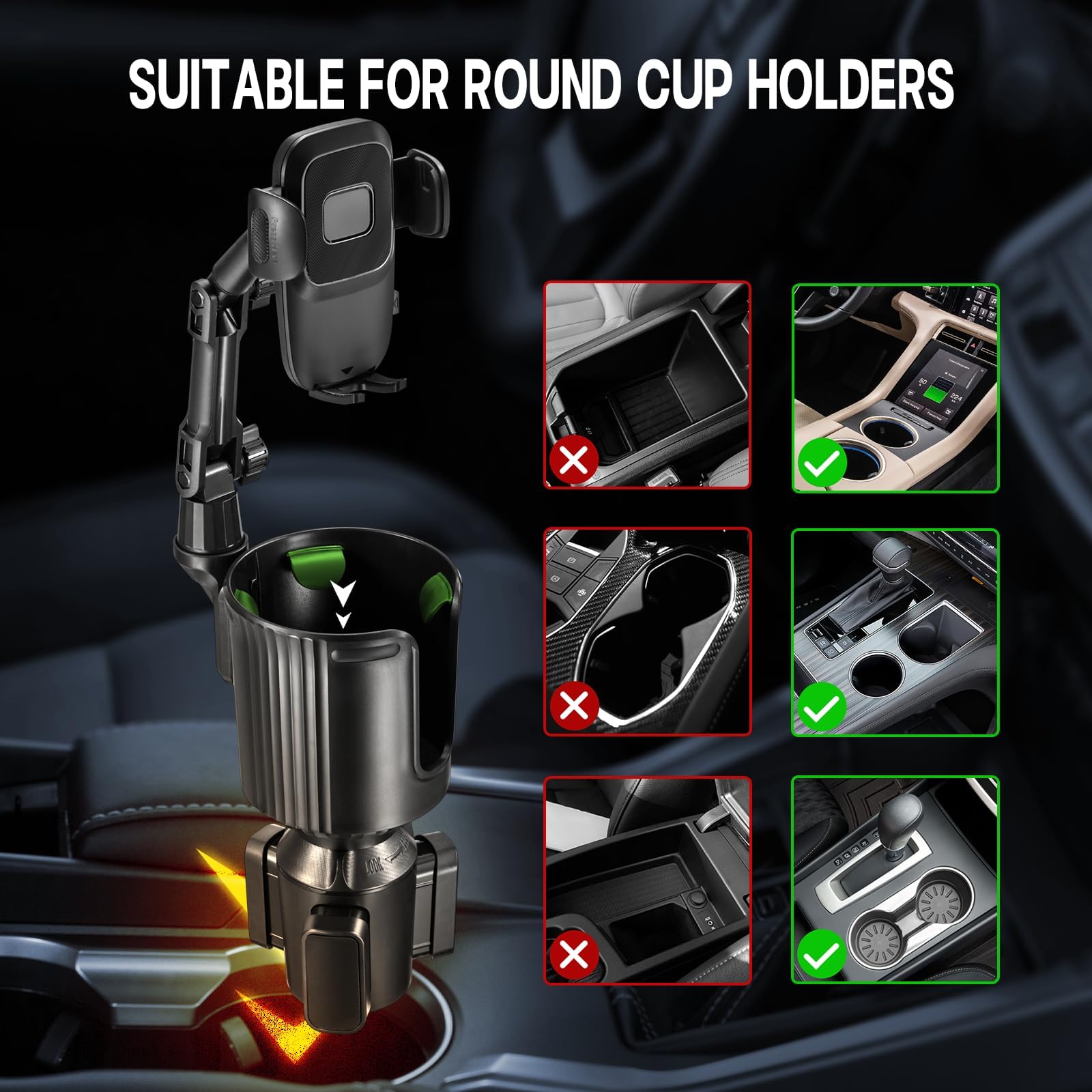 This Hill Upgraded Cup Holder Phone Mount, 2 in 1 Universal Adjustable Long Neck, Compatible with iPhone 14 Pro Max/SE/8/7/6, Samsung & All Smartphones, Black