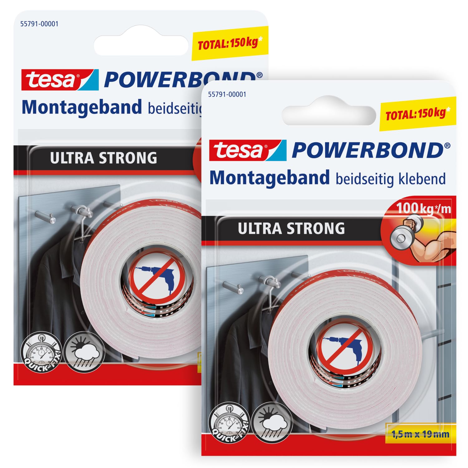 tesa Powerbond Ultra Strong Double-Sided Extra Strong Mounting Tape for Permanent Attachment Outdoor and Indoor Use 1.5 m Pack of 2