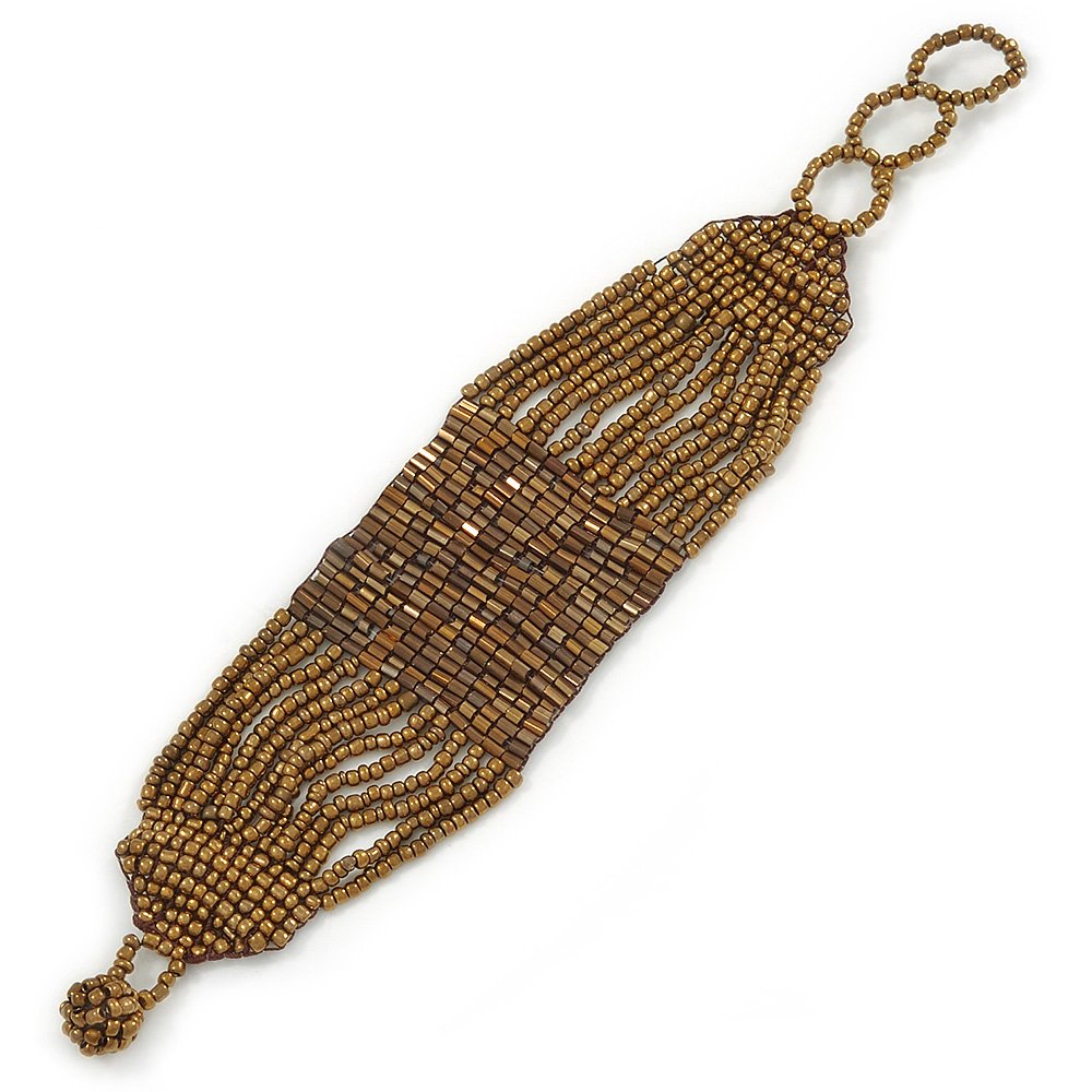 Avalaya Handmade Gold Bronze Glass Bead Bracelet with Loop and Button Closure - 16cm L/ 3cm Ext