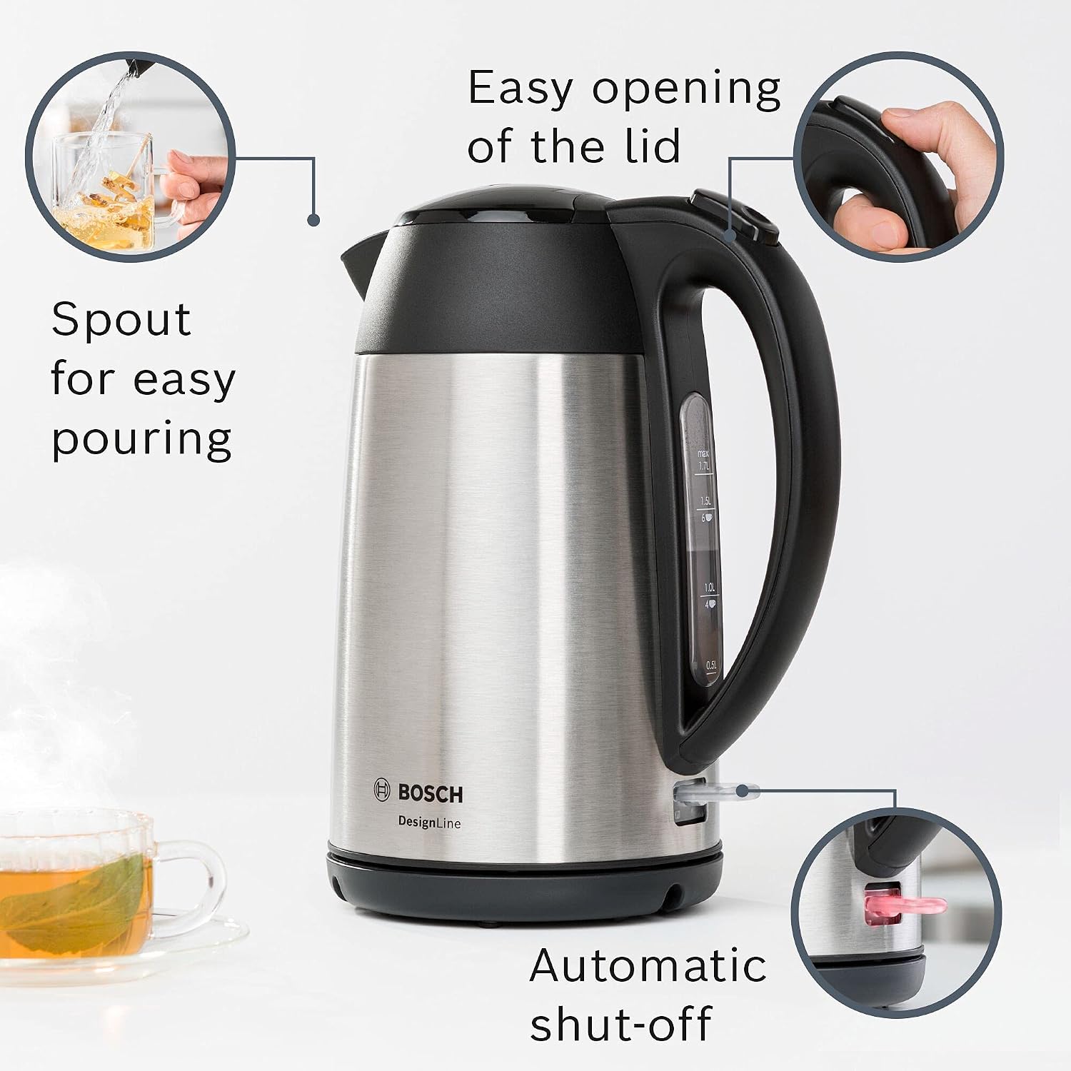 Bosch DesignLine TWK3P420GB Stainless Steel Cordless Kettle, 1.7 Litres, 3000W - Silver & Black - Image 4