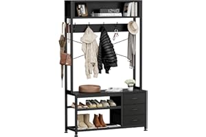 Lulive Hall Tree with Bench and Shoe Storage, 31.5" Coat Rack Freestanding with 2-Tier Storage Shelf, 6-in-1 Entryway Bench C
