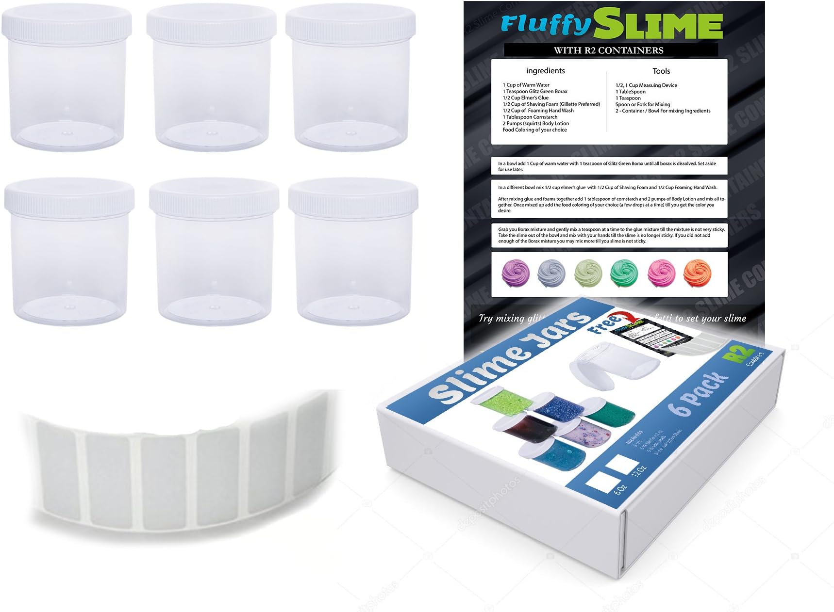 Reusable 6 Pack Empty 6oz Wide-Mouth Clear Plastic Storage jar Containers White Solid Screw on Cap Style Lids Making Storing Slime,Foam Ball,Glue,Putty,Glitter,Styrofoam,Hobbies and Office Supplies