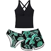 URMAGIC Girls Tankini Swimsuit Criss Cross Ruched Tankini Sets with Print Shorts 3 Piece Bathing Suits for Girls Swim 9-18Y