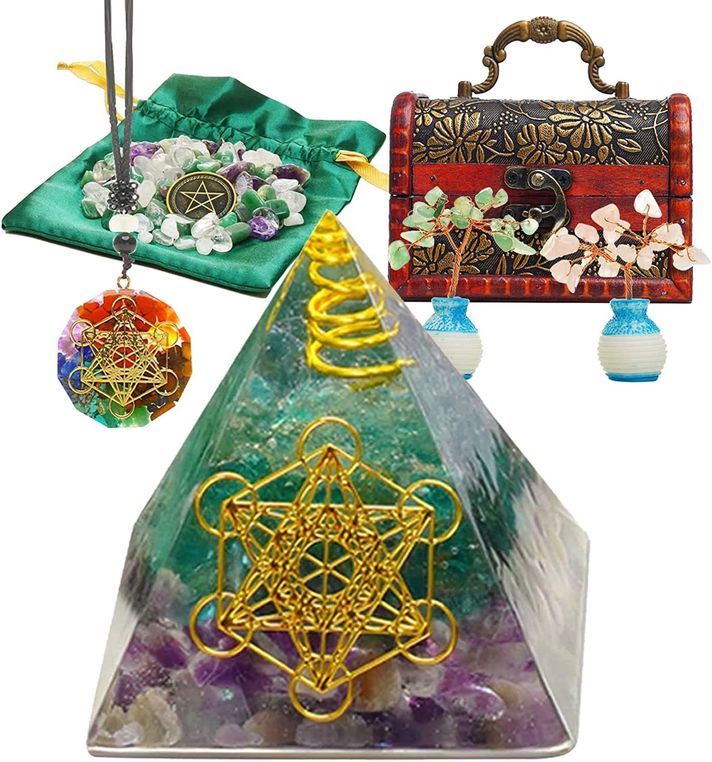 Soulnioi Crystals and Healing Stones for Positive Energy, Natural Healing Crystal Set, Orgone Pyramid Chakra Crystal Set with Gift Wooden Box for Reiki Meditation Yoga Home Decor Chakra Balancing