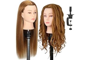 22" MQHIHI Mannequin Head Human Hair Cosmetology Manikin Doll Head with 80% Real Hair for Hairdresser Practice Cutting Braiding Hair Styling with Clamp Holder and Tools (Light Brown)