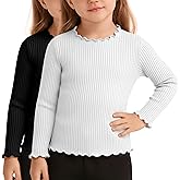 LessonZoo 2 Pack Girls' Lettuce Trim Ribbed Shirts Cotton Blend Long Sleeve Crew Neck Base Layer Slim Fit Trendy Tops