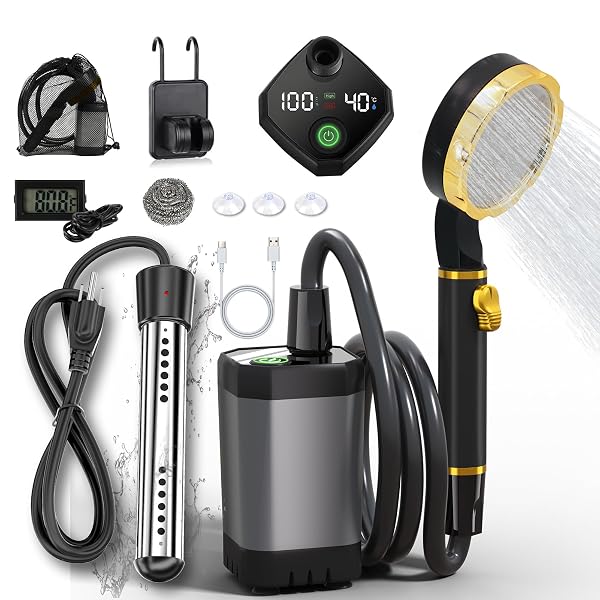 BSEED PORTABLE SHOWER FOR CAMPING WITH IMMERSION WATER HEATER, 6000MAH RECHARGEABLE CAMPING SHOWER WITH INTELLIGENT LED DISPLAY, OUTDOOR SHOWER FOR HIKING, TRAVEL, PETS & CAR WASHING, WARTERING PLANTS