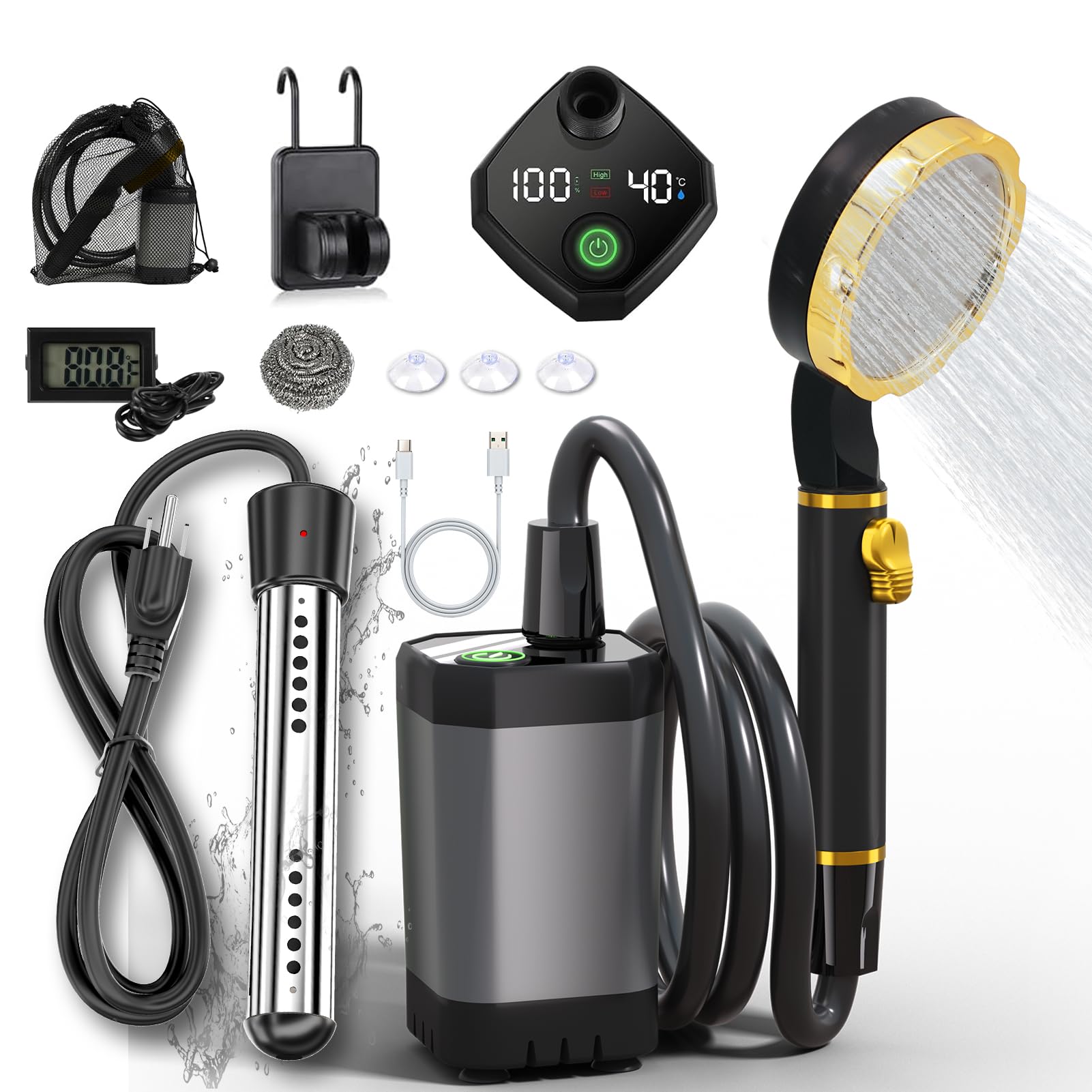 Photo 1 of **UNTESTED**
BSEED Portable Shower for Camping with Immersion Water Heater, 6000mAh Rechargeable Camping Shower with Intelligent LED Display, Outdoor Shower for Hiking, Travel, Pets & Car Washing, Wartering Plants