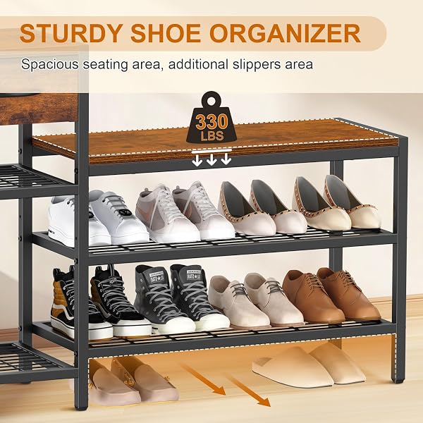 SNUGHOME 39.4″ SHOE STORAGE BENCH WITH DRAWER, 3 TIER ENTRYWAY BENCH WITH SHOE STORAGE, ADJUSTABLE SHELF SHOE RACK WITH SEATING FOR ENTRYWAY, FRONT DOOR, LIVING ROOM