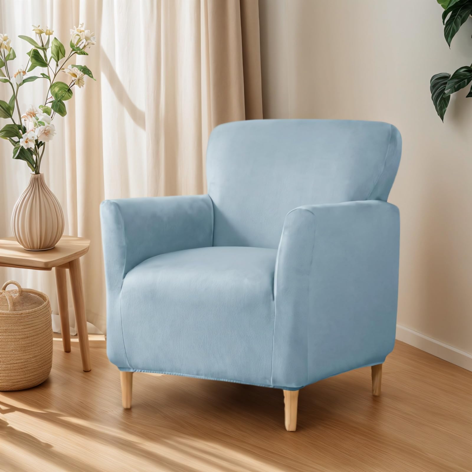 OKYUK Banquet Armchair Slipcovers Luxury Velvet Chair Slipcovers with Arms Stretch Chair Covers for Living Room Soft Armchair Slipcover Anti Slip Dog Pet Friendly Furniture Protector (Light Blue)