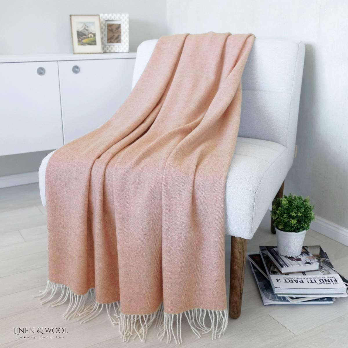 Linen & Cotton Extra Soft Throw/Blanket STONEWOLD Herringbone Pattern - 100% Fine Merino Wool, Old Rose/Pink (140 x 200cm) Warm Plaid Sofa Bed Couch Settee Bedspread Single Double Lambswool