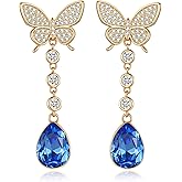 EVEVIC Austrian Crystal Teardrop Butterfly Dangle Stud Earrings for Women 14K Gold Plated Drop Earring Hypoallergenic Jewelry Gifts