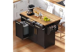 Kitchen Island with Trash Can Storage & Power Outlet, 59.3" Rolling Kitchen Island with 2 Pull Out Cabinet Organizers & Rubbe