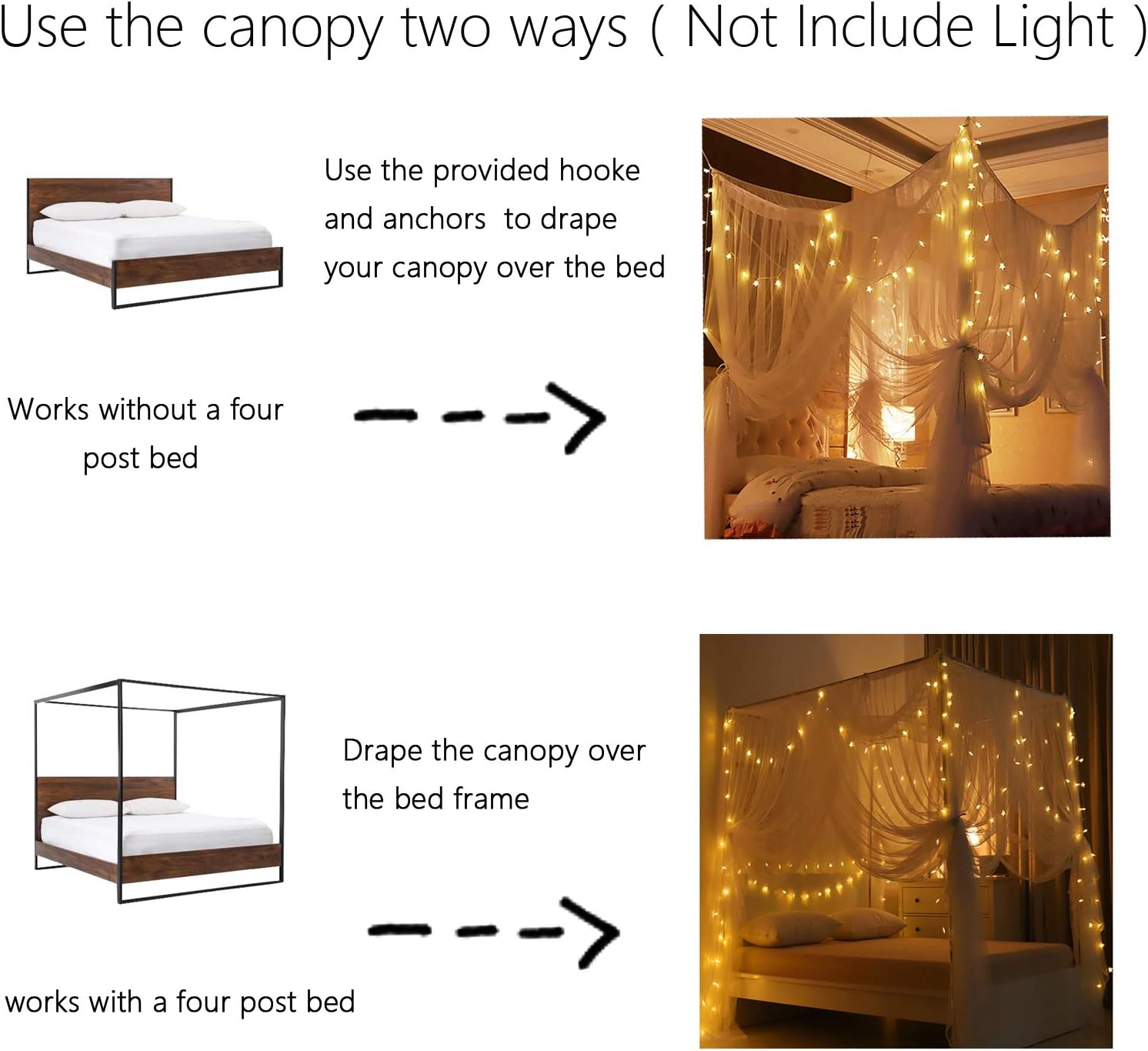 Mosquito NET for Bed Canopy, Four Corner Post Curtains Bed Canopy Elegant Mosquito Net Set, Stick Hook &Profession Rope for net, Screen Netting Canopy Curtains, Full/Queen/King/White: Home & Kitchen