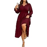 RWJ Womens Plus Size Fall Dress Long Sleeve V Neck Tiered A-Line Elegant Formal Casual Wedding Guest Maxi Dresses