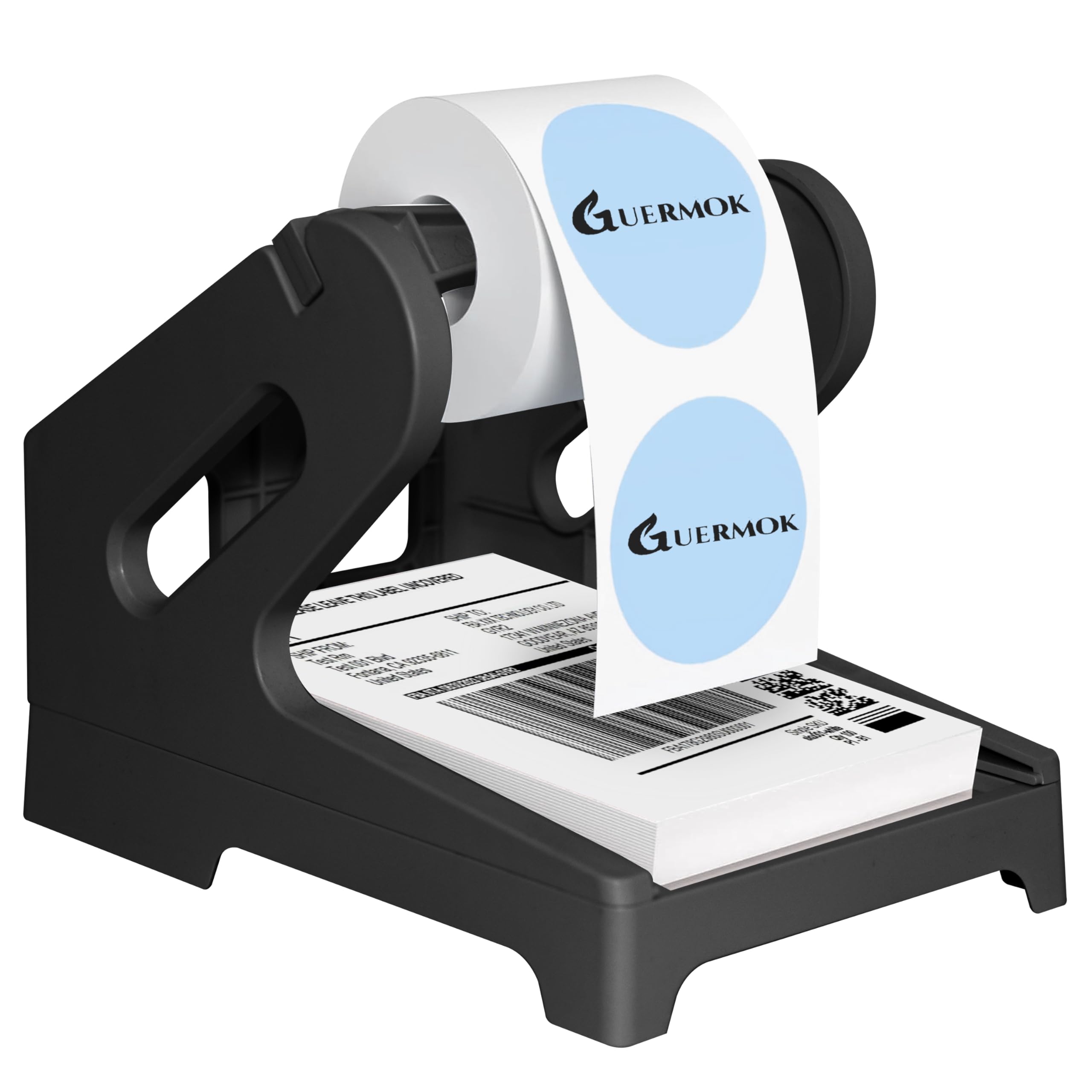 Guermok Thermal Shipping Label Holder for Rolls & Fan-Fold, Fragile Stickers for Shipping, Label Stand Desktop Printer Holder-Home Office Accessory- Sticker Dispenser for Holographic (Black)